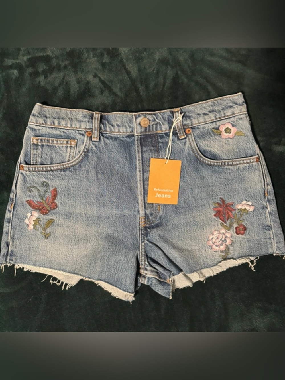 Nwt Reformation Floral Embroidered High-Rise Denim Cutoff Shorts